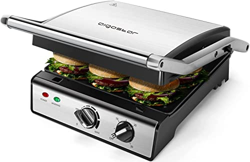 Aigostar Panini Grill, Sandwichtoaster mit Lebensmittel-Sonde, Kontaktgrill, Herausnehmbaren Antihaft-Platten, 2000W, Automatischer Temperaturregelung, 180° Flach Aufklappbar, Max Pro