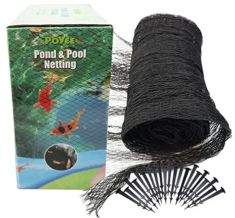 POYEE Pond Netting for Leaves 6m x 6m Pool Leaf Cover Net with Small Fine Mesh Protecting Koi Fish from Birds, Cats - Stakes Included