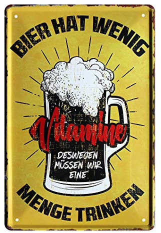 Blechschild Bier Vitamine - Metallschild lustiger Spruch für Biertrinker - Retro Deko Schild Küche, Bar, Stammtisch, Biergarten, Werkstatt, Kneipe, Pub, Wirtschaft, Garage - Geschenk Idee - 20x30cm