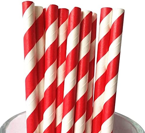 Paquete de 50 pajitas de papel biodegradables de 6 mm, rayas rojas y blancas, para cumpleaños, fiestas, Navidad, cafeterías, restaurantes, bodas (50, 6 x 210 mm)
