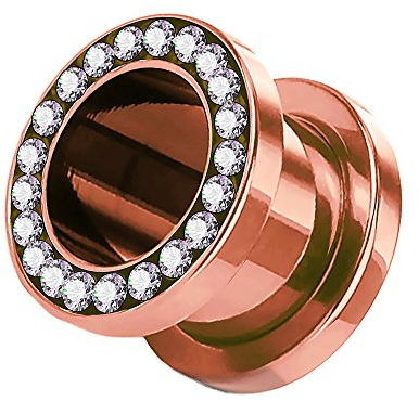 Taffstyle Flesh Tunnel Ohr Piercing Ear Plug Ohrpiercing Schraub Edelstahl Titan mit Schraubverschluss Zirkonia Kristallen Strass Steinen 6mm Roségold