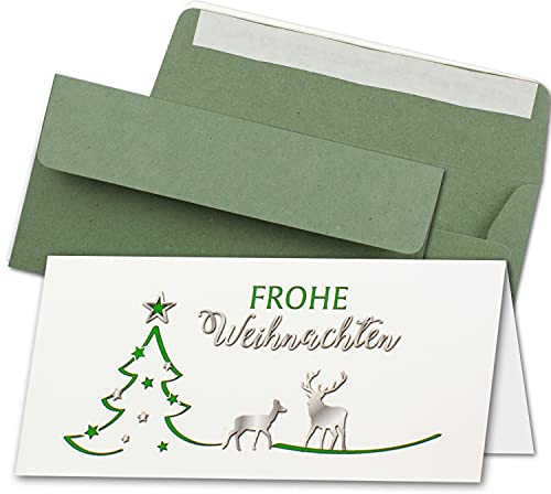 150x Weihnachtskarten-Set DIN Lang in Weiß mit grünem Tannenbaum und Rentier - Faltkarten mit Umschlägen DIN Lang Kraftpapier Grün mit Haftklebung - Weihnachtsgrüße für Firmen und Privat