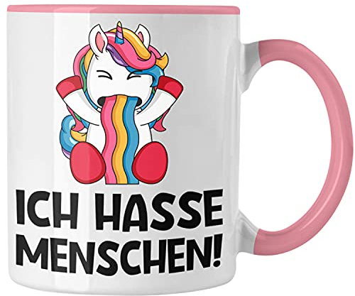 Trendation - Ich Hasse Menschen Tassen Tasse Becher Kaffeetasse Einhorn Lustig Spruch Geschenk Frauen Männer (Rosa)