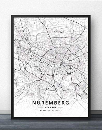Nürnberg Deutschland Stadtplan Leinwand Bilder Modern Schwarz-Weiß Poster Kunstwerk Ungerahmte Bilder Drucke Personalisierung Gemälde Weihnachten Souvenir Geschenk Home Decor,10X15Cm / 3.93X5.90 In