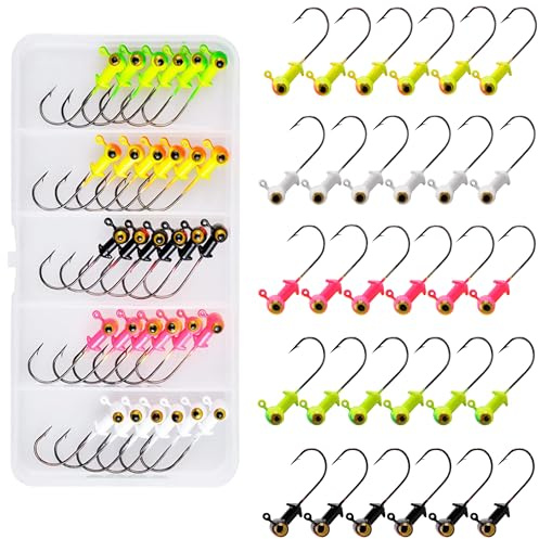 Painted Crappie Jig Head Hooks Set,30pcs Football Jig Head Hook Glow with Double Eye for Crappie Bass Trout Panfish Walleye 1/8oz 3/16oz 1/4oz