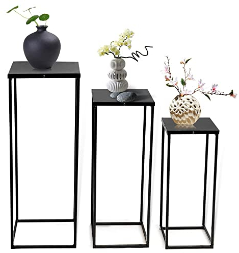 SanBouSi 2er Set Säulentisch Blumenhocker Metall Eckig Satztisch Pflanztisch Industriestil Schwarz