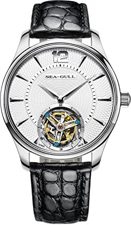 SEA-GULL Seagull Men's Watch Tourbillon Mechanical Watch Business Casual Crocodile Leather Sapphire Luxury Mechanical Watch (White)