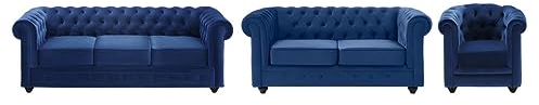 Vente-unique-Couchgarnitur 3+2+1 - Samt - Dunkelblau - Chesterfield