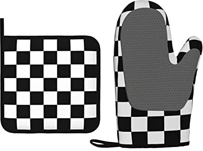 Ofenhandschuhe und Topflappen Schwarz Weiß Racing Dots Silikonhandschuh Hitzebeständig Küchenhandschuhe zum Kochen 2-teiliges Set