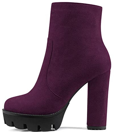 NobleOnly Donna Chunky Blocco Alto High Piattaforma Tacco Heel Rotonda Punta Stivaletti Cerniera Feste Classico Stivali Viola A 40 EU