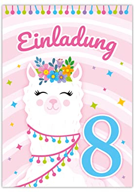Minkocards 12 Einladungskarten zum achten Kindergeburtstag 8. Geburtstag Mädchen Lama Einladungen zum Geburtstag Kinder bunte Geburtstagseinladungen