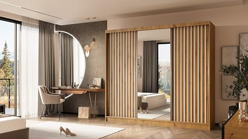 ALTDECOR Kleiderschrank mit Spiegel und Schiebetüren, kugelgelagerte Führungsschienen und Aluminium-Leisten - LAMELO - 240 cm Artisan + Artisan + Weiß