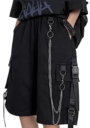 MEINVQIAOTI Schwarze Cargohose für Damen, Street Harajuku, lockere, gerade Shorts, Schwarze Hose mit Ketten, Schwarz, XX-Large