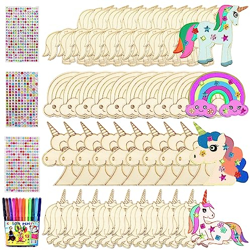 40 Stück Einhorn Holz Bastelset zum Bemalen, Kindergeburtstag Holzbastelsets für Kinder mit 12 Aquarellstift + 3 Edelsteinaufkleber (A)
