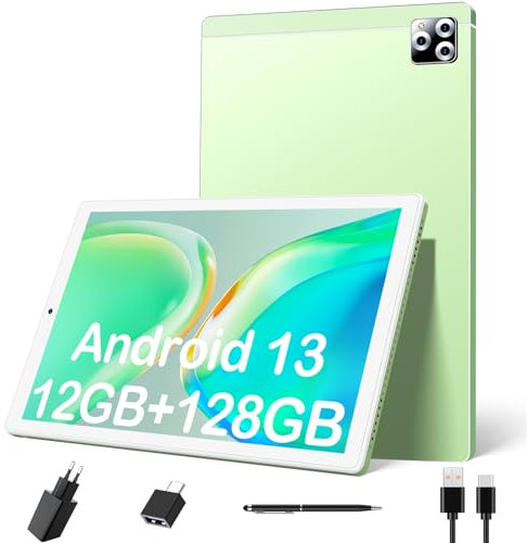 SIMPLORI Tablet Android 13 10 Pollici, Octa Core, 12GB RAM+128GB ROM/TF 1TB, Bluetooth 5.0, 6000mAh, 1280 * 800 IPS, 13MP+5MP, 4G LTE, Con Capacità SIM (Verde)