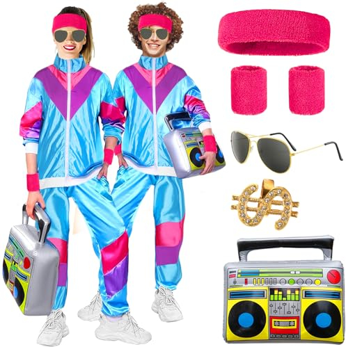 shengo 80er 90er Jahre Kostüm für Männer Frauen, 80er Fancy Dress 80er Muschelanzug Outfit, Fashion Retro Trainingsanzug Strandkostüm, 80er Hippie Kostüm Zubehör Outfit für Halloween Karneva(Blau, L)