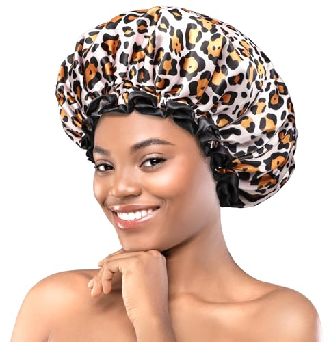 mikimini Reusable Shower Cap for Women with Secure-Fit Elastic Band - Leopard Print Waterproof Double Layer, Washable Spa Hair Cover for Long Thick Hair