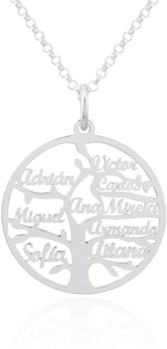 Collar Personalizable Árbol de la Vida con nombres, con cadena Rolo de 45cm + Alargador. Gargantilla ideal para regalar a madres o abuelas con nombres de la familia. (Círculo)