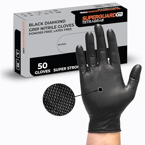 Superguard Diamond Tetragrab Nitrile Gloves - Disposable Gloves for Food Handling, Medical, Tattoo & Cleaning - Heavy Duty Black Gloves with Latex and Powder Free, Single Use - Size XL (Pack of 50)