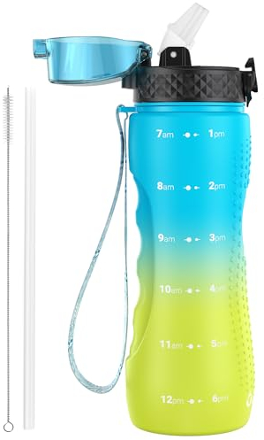 OLDLEY 750ml/25oz Water Bottles with Straw BPA Free Tritan Water Bottles for Gym School Sports Travel Leakproof Time Markings Reusable Drink Bottles for Adult Kids Women Men(Blue Yellow, 1 Lid)