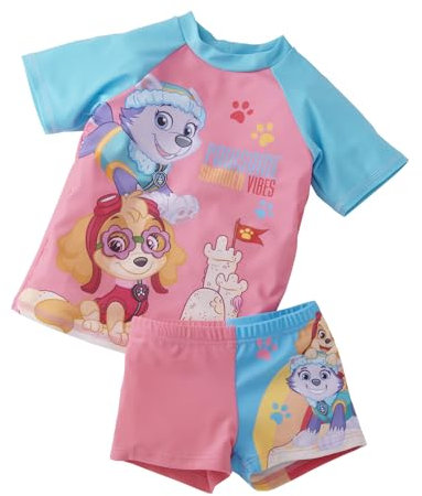 United Labels Paw Patrol Maillot de bain 2 pièces avec protection UV 50+ pour fille, rose, maillot de bain pour enfant avec t-shirt et pantalon, maillot de bain, Rose/bleu, 110-116