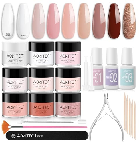 Aokitec Dip Powder Nail Kit with 8 Colours & Build Powder - Nude Pink Brown Series - Complete Kit with Tools & Accessories for French Manicure & Nail Art