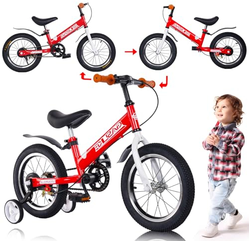GHBXJX 3 in 1 Laufrad ab 3 Jahre mit Fußstützen,Bremse Kinderfahrrad ab 3 4 5 6 7 Jahre, Laufrad 14 Zoll Mädchen Junge, Kinder Fahrrad mit Stützräder und Seitenständer, Höhenverstellbar,Rot