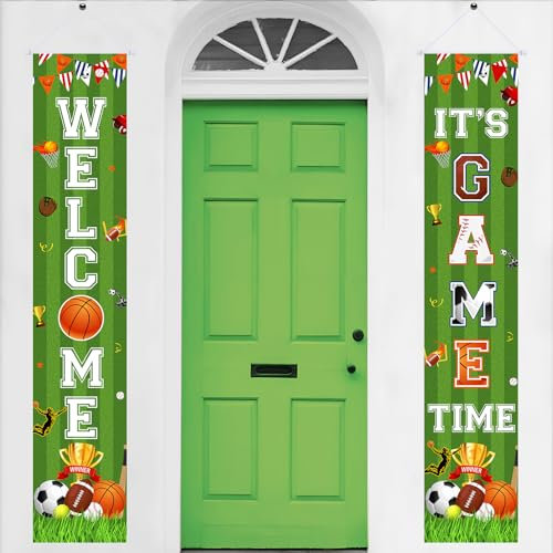 Fangleland Sports Door Banner Party Decorations, Sports Theme Party Supplies with Welcome and It’s Game Time Porch Sign - Football Basketball Baseball Soccer Wall Hanging Decors