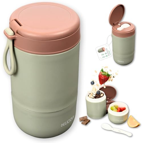 FRADABOX® Lunchpot „Delici“, Müslibecher to go, 2 Etagen Joghurtbecher mit Löffel, Auslaufsicher für Joghurt, Obst Porridge Müsli Becher, Meal Prep Lunchbox für Erwachsene, BPA-frei, spülmaschinenfest