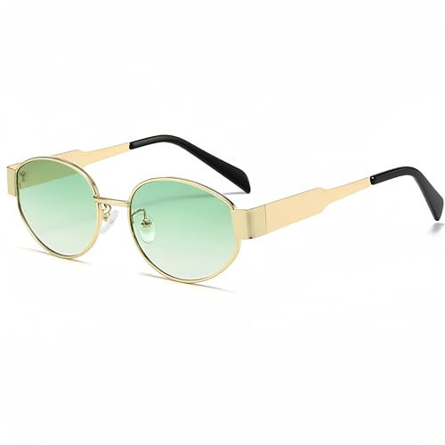 WDZAYXC Retro oval Metall modische Sonnenbrille für Damen Herren, UV-Schutz(Gold/Grün)