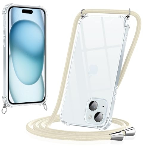 Yoedge Handykette für iPhone 13 / iPhone 14 Hülle mit Band, Necklace Handyhülle mit Kette und Abnehmbar Kordel zum Umhängen, Stoßfeste Bumper Transparent Schutzhülle Case 6,1 Zoll, Beige
