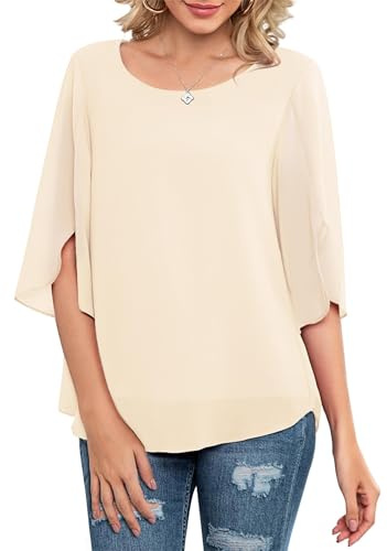 Neineiwu Women's Chiffon Tunic Casual Round Collar 3/4 Sleeve Blouse Mesh Flowing Shirts Loose Fit Tops, apricot, XL