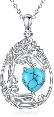 Tree of Life Birthstone Necklace Sterling Silver Teardrop Pendant Birthstone Necklace Gemstone Anniversary Birthday Jewellery Graduation Gifts for Women Wife Girls (12-Dec-Turquoise)