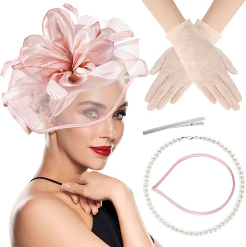 XEPST Fascinator Hut Damen 20er Jahre Accessoires Hut Pferderennen Tee Party Haarspangen Damen Klein Kopfschmuck Fascinator Handschuhe für Kostümparty, Rosa