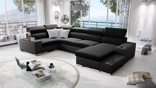 All4All Ecksofa mit Schlaffunktion Passe 335 cm x 205 cm - Wohnlandschaft U-Form - Schlafsofa mit Bettkasten - XXL Sofa - Groß - Gewebe mit Kunstleder - Schwarz - Rechte Seite 26