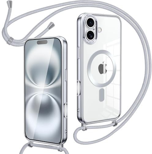 Oelrstfe Magnetische handyband mit Band für iPhone 16 Hülle - Necklace HandyHülle Transparente zum Umhängen mit justierbarer und Abnehmbarer Kette, Crossbody Magnet Clear Cover(Silber)