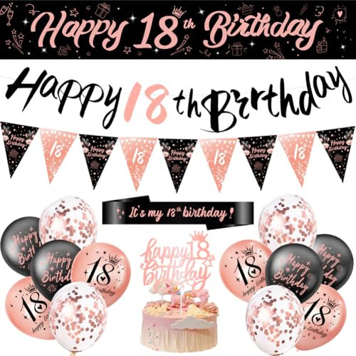 Rosegold 18th Birthday Decorations For Girls, Banner Balloons Bunting Sash Triangle Flags Ribbon and Cake Toppers Happy 18 Years Old Birthday Party Decoration