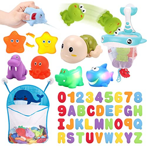 KaeKid Baby Bath Toys, Bath Baby Toy for Kids Boys Girls, Toys Gift for Kids, Bathtub Toy 18 Months+, Foam Bath Letter&Water Spray Discoloration Light-Up Floating Animal&Storage Bag
