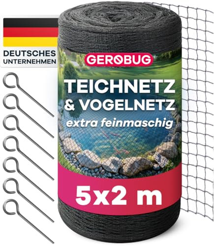GEROBUG Teichnetz feinmaschig 5x2m - witterungs- & UV beständiges Teichnetz gegen Reiher - Vogelschutznetz, Laubnetz Teich, Hühner Netz feinmaschig, Vogelnetz, Laubschutznetz