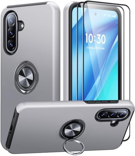 AOUIA für Samsung Galaxy A56 5G Hülle mit 360° Drehbarer Ring Ständer | Militärischer Stoßschutz Samsung A56 5G Hülle Handyhülle für Samsung A56 5G mit 2 Stück Panzerglas, Silber