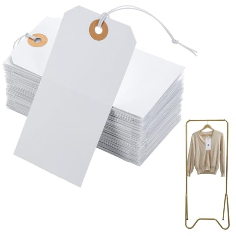 White Blank Tags with String,100 PCS 2.75'' x 1.37'' Price Tags with String, White Gift Tags with Reinforced Eyelet Large Marking, Paper Tag, Writable Hanging Merchandise Label Tag