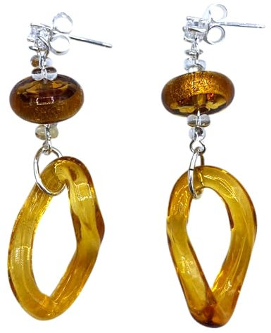 Boucles d'oreilles pendantes en verre de Murano ambre, goutte avec perles en verre, argent VR371A, X, Verre Argent, Verre