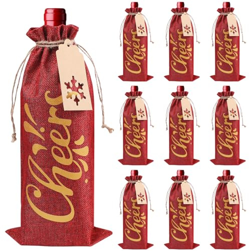 CCINEE 12Pcs Christmas Burlap Bags for Wine Bottles Gifts, Reusable Holiday Cheers Wine Gift Bags with Drawstrings And Tag for Christmas Holiday Family Party