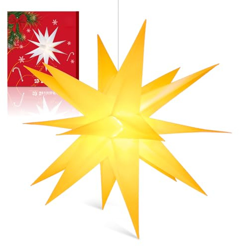 Sky angle 3D Weihnachtsstern Beleuchtet Batterie mit Timer für Fenster - 45cm Leuchtstern Stern Zum Dekorieren von Weihnachtsbaum, Gelb led Weihnachtsstern für Innenhof, Balkon Und Garten