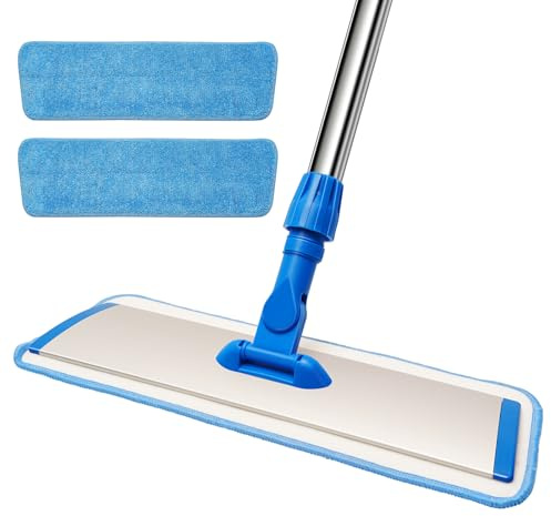 18 Professional Microfiber Mop Floor Cleaning, Flat Mop with Stainless Steel Handle,360-Spin Head with 2 Reusable Washable Pads, Microfiber Wet and Dust Mopping for Hardwood and Tile,Blue