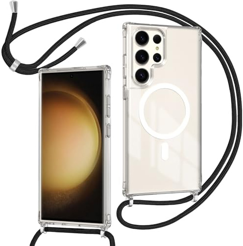 ZYIMOU Coque pour Samsung Galaxy S23 Ultra 5G avec Cordon Compatible avec MagSafe, Housse Magnétique Transparente Étui avec Collier Réglable Résistant Silicone Case, Chaîne Noir