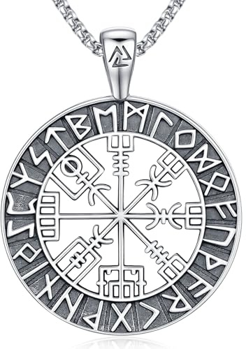 Wikinger Kette Herren Vegvisir Halskettes 925 Silber Rune Kompass Halskette Nordischer Anhänger Amulett Schmuck Viking anhaenger Damen Männer