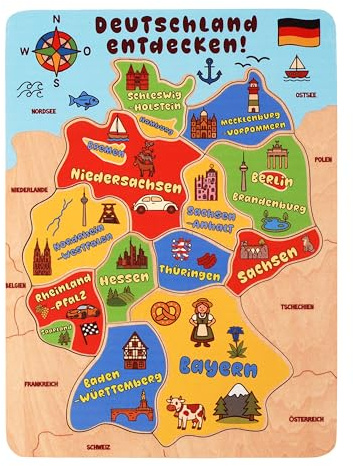 Deutschlandkarte, Puzzle für Kinder aus Holz, 12 robuste Teile, Entdecken und Merken, Geographie-Lernspiel, ab 3 Jahren