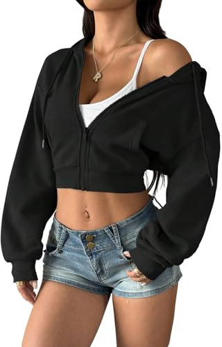 GORGLITTER Jacken Damen Langarm Kurze Kapuzenjacke mit Reißverschluss Crop Hoodie Jacke Kurze Sweatjacke Bequeme Übergangsjacke mit Tasche Y2K Outfit