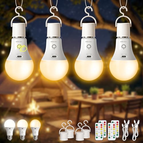 Kambo E27 LED Aufladbare Glühbirne mit batterie Wiederaufladbarer 7W Lampe | Akku mit Fernbedienung Timing-Funktion, 3 Farbtemperaturen für Wildcampen, Außenspaß, Outdoor Camping, 4 Stück